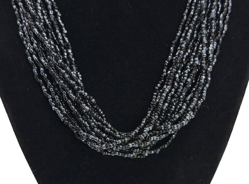 Multi Strand Black & Metallic Seed Bead Necklace Layered Statement Classic